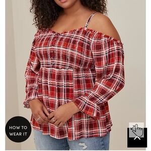 🆕️🍁🍂 3X PLAID BABYDOLL CRINKLE GAUZE SMOCKED COLD SHOULDER TOP🍂🍁